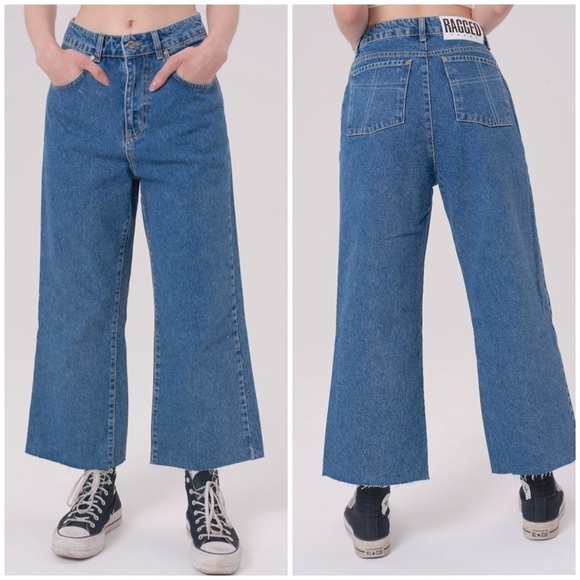 The Ragged Priest Jeans Wide Leg High Rise Baggy Jeans Raw Hem Crop Skater - Picture 1 of 12